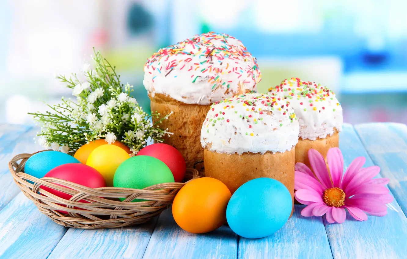 Фото обои цветы, яйца, весна, colorful, Пасха, happy, cake, кулич