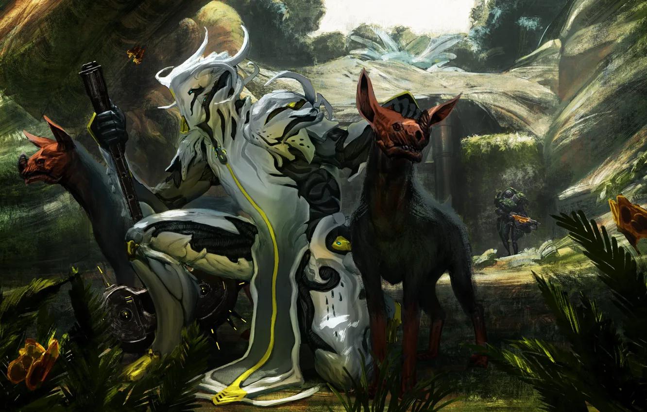 Фото обои собаки, горы, игра, арт, инопланетянин, существа, гиены, Warframe