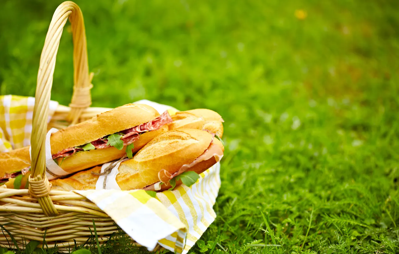 Фото обои трава, природа, корзина, поляна, пикник, боке, бутерброды