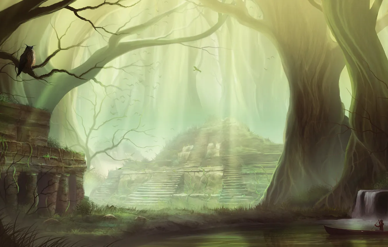 Фото обои деревья, лодка, храм, водоём, Lost Temple