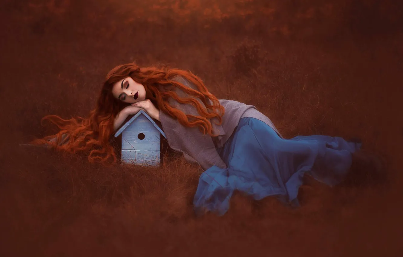 Фото обои трава, настроение, сон, ситуация, скворечник, рыжая, рыжеволосая, длинные волосы