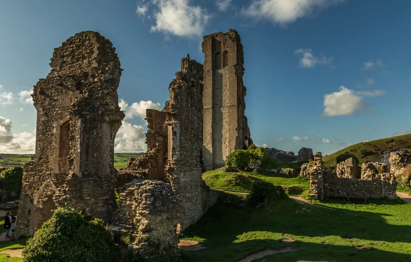 Фото обои замок, Англия, руины, Corfe Castle, Дорсет