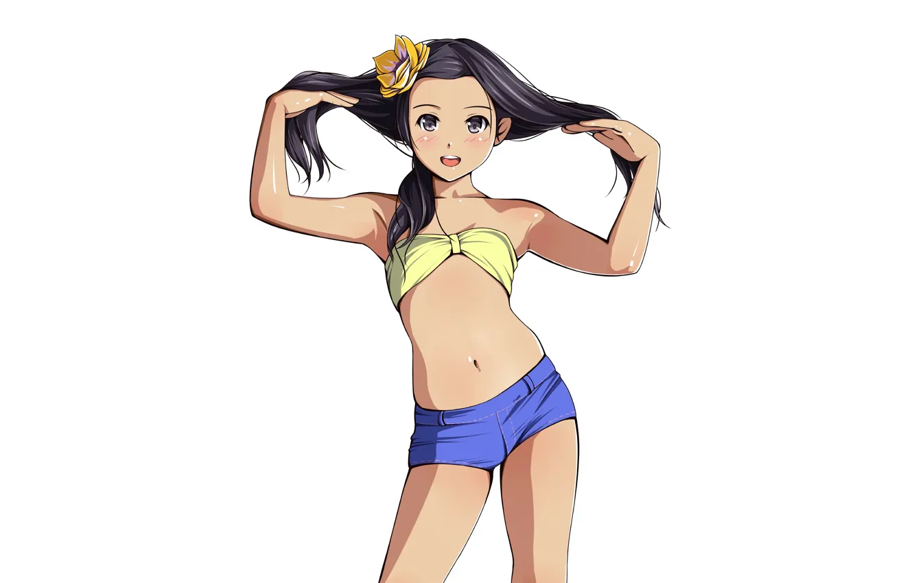 Фото обои girl, shorts, flower, long hair, anime, beautiful, purple eyes, pretty