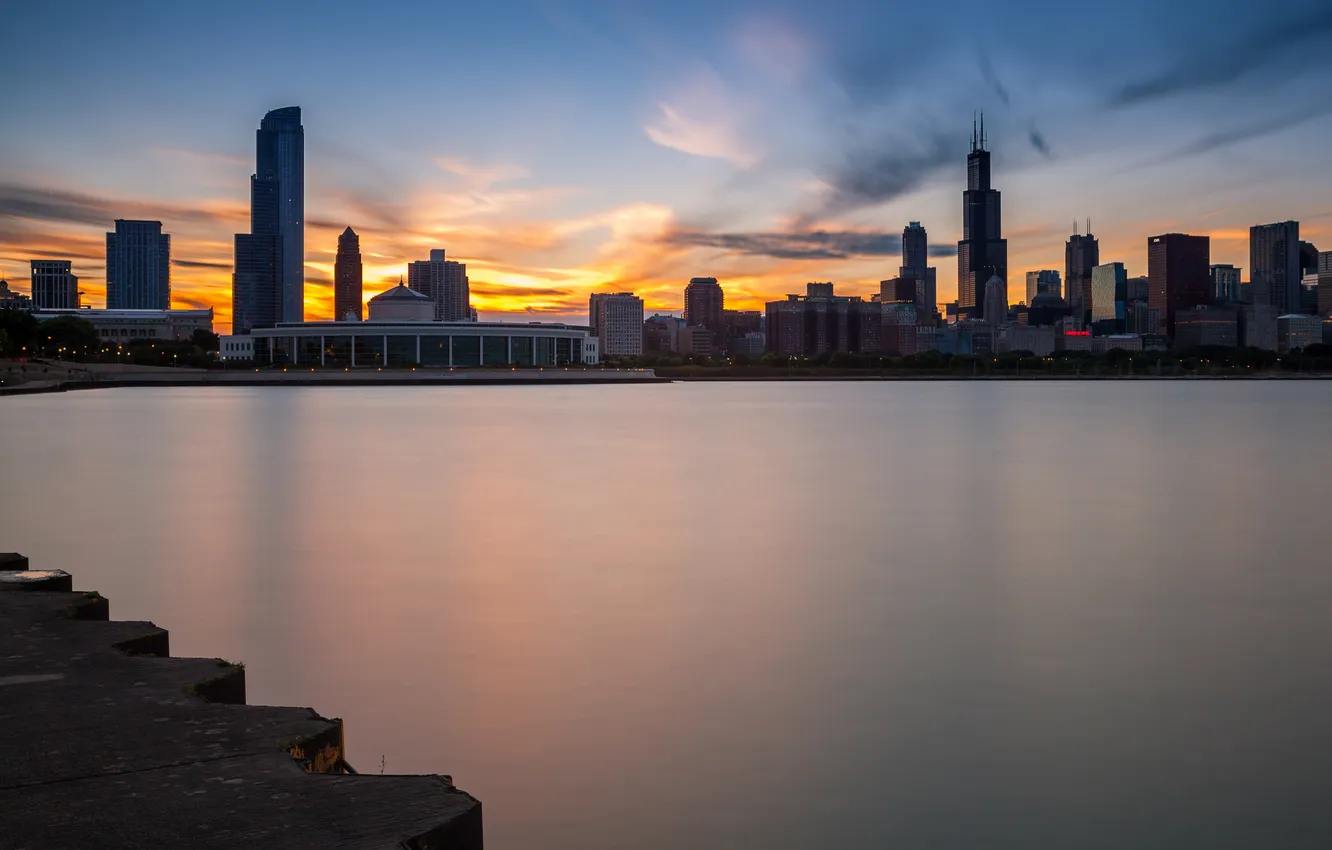 Фото обои город, океан, берег, небоскребы, Чикаго, Иллиноис, панорамма