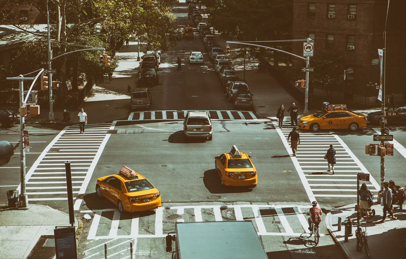 Фото обои cars, Manhattan, NYC, New York City, taxi, traffic, Wide angle, Junction