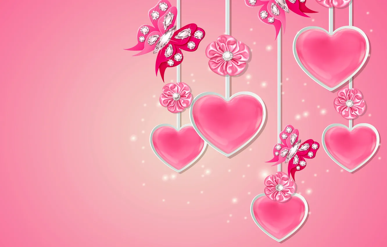 Фото обои love, design, pink, flowers, hearts, sparkle, butterflies, diamonds