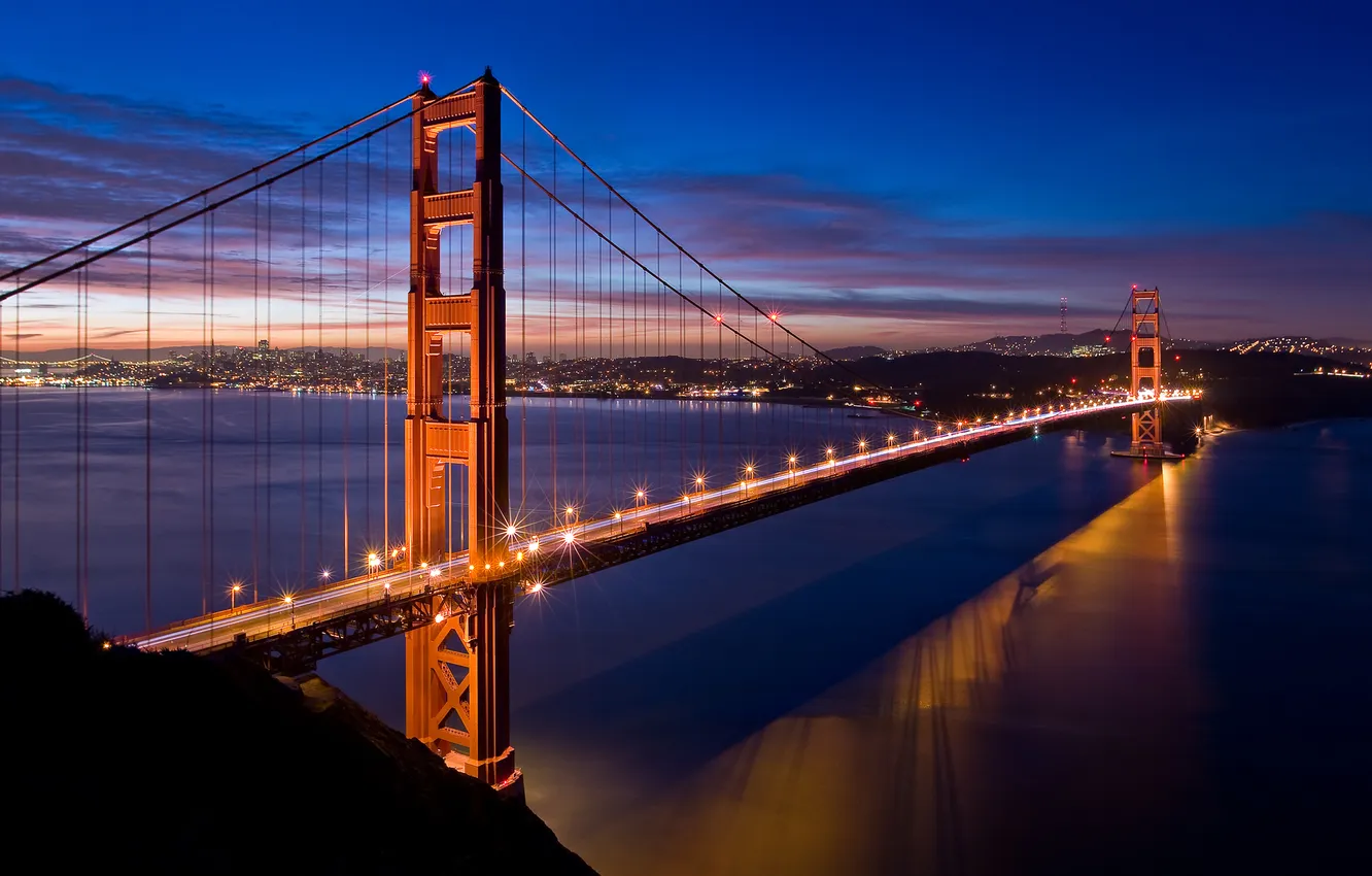 Фото обои мост, огни, вечер, Золотые Ворота, США, Сан - Фрацыско