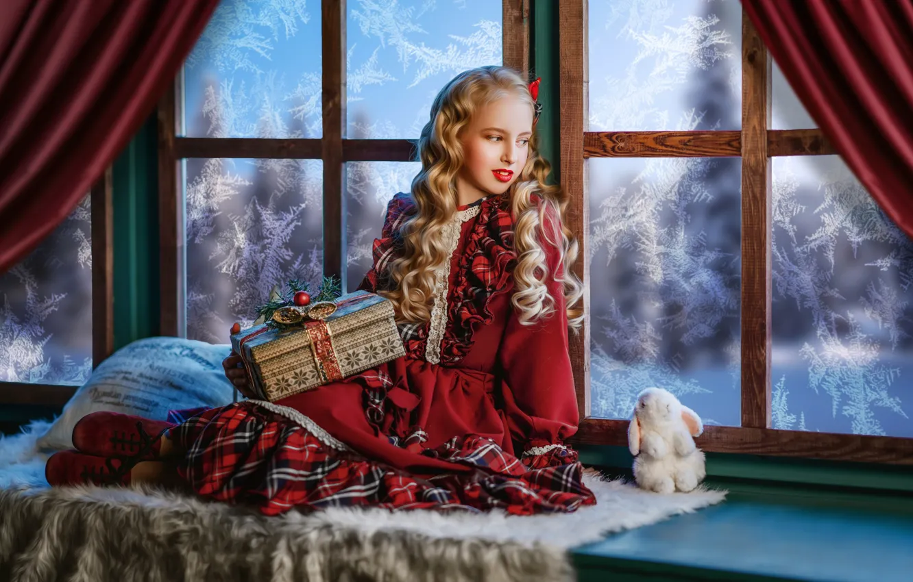 Фото обои подарок, игрушка, кролик, платье, окно, мороз, девочка, подушка