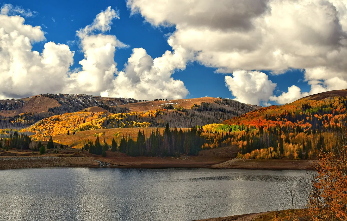 Фото обои autumn, clouds, lake, hills, orange, autumn colors, sunlight, countryside