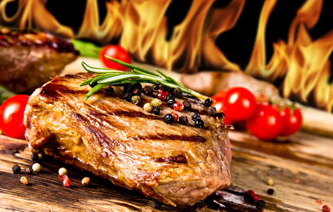 Фото обои огонь, пламя, мясо, специи, стейк, гриль
