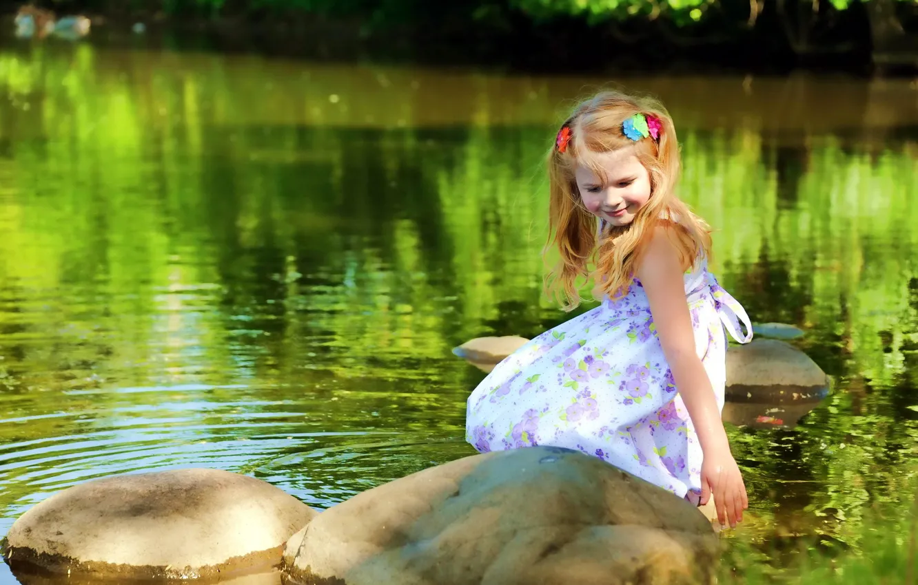 Фото обои лето, озеро, настроение, девочка