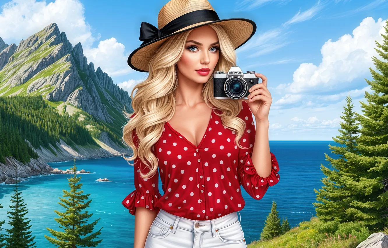 Фото обои лес, небо, взгляд, девушка, горы, поза, шляпа, фотоаппарат