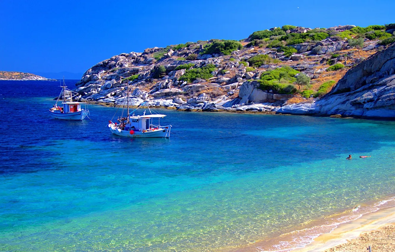 Фото обои море, лодки, Греция, Халкидики