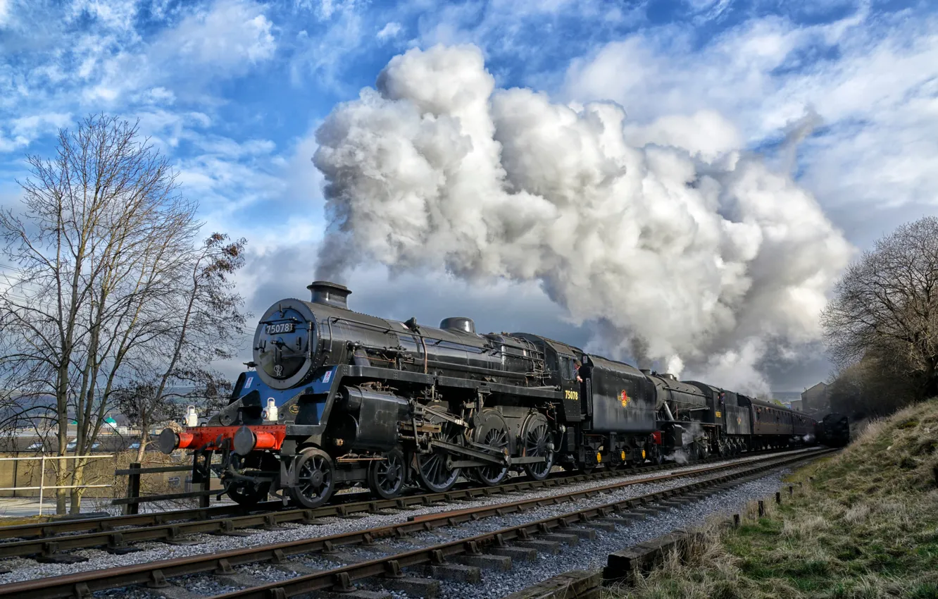 Фото обои путь, дым, поезд, паровоз, вагоны, железная дорога