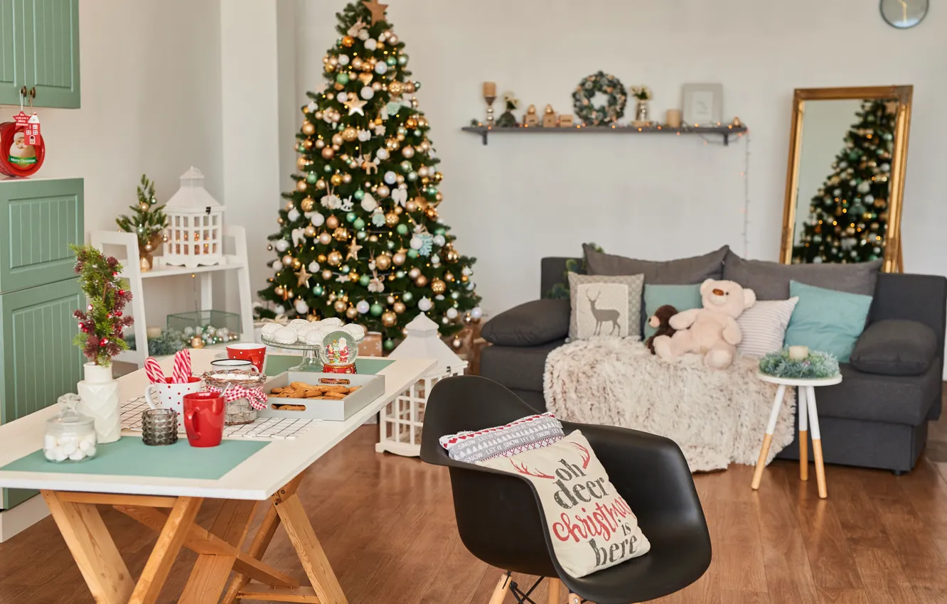 Фото обои украшения, елка, интерьер, Рождество, подарки, Новый год, christmas, new year