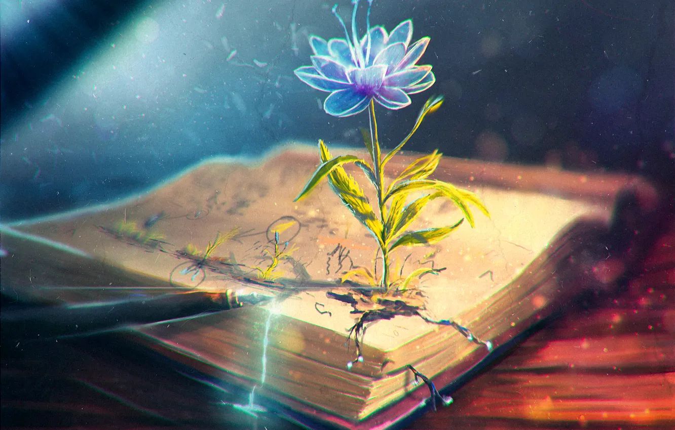 Фото обои цветок, перо, арт, ручка, книга, чернила