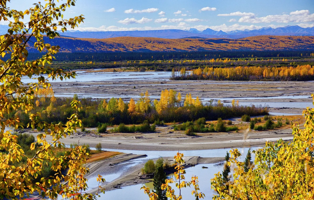 Фото обои осень, горы, река, долина, Аляска, США