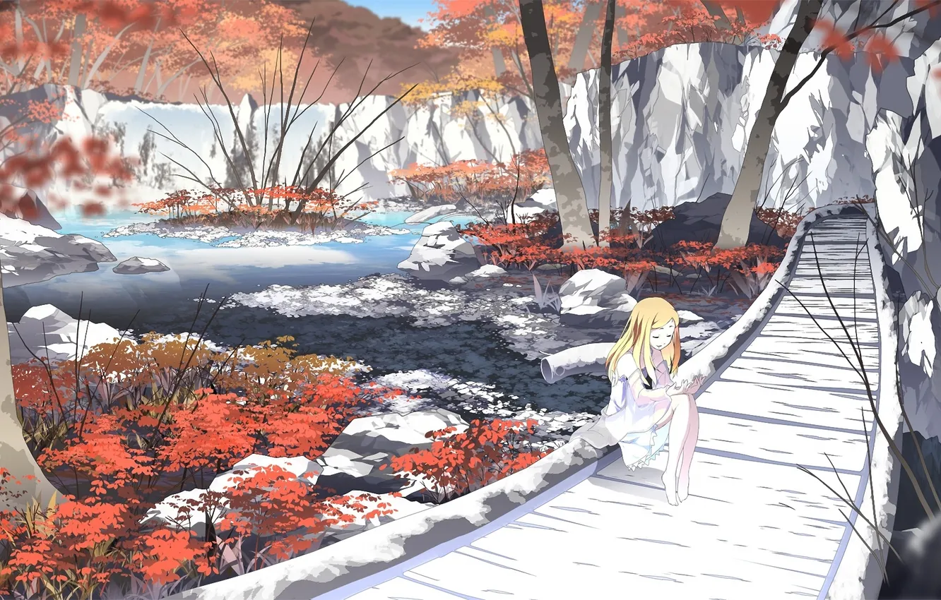 Фото обои осень, мост, река, рисунок, дорожка, девочка, asakura masatoki