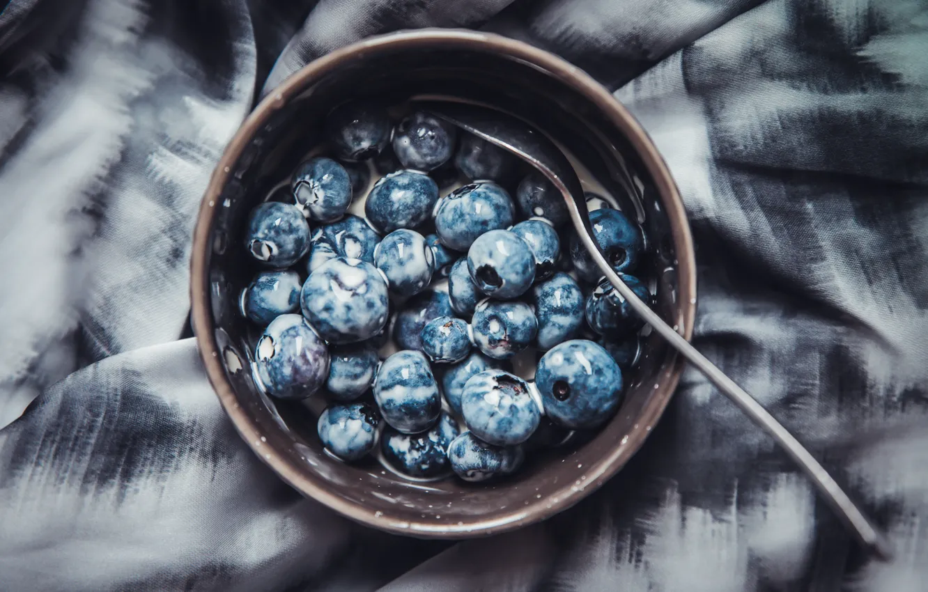 Фото обои wallpaper, plate, food, macro, spoon, berries, breakfast, milk