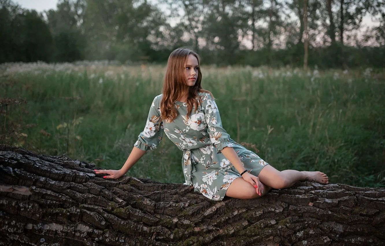 Фото обои лето, девушка, природа, поза, фото, дерево, волосы, платье