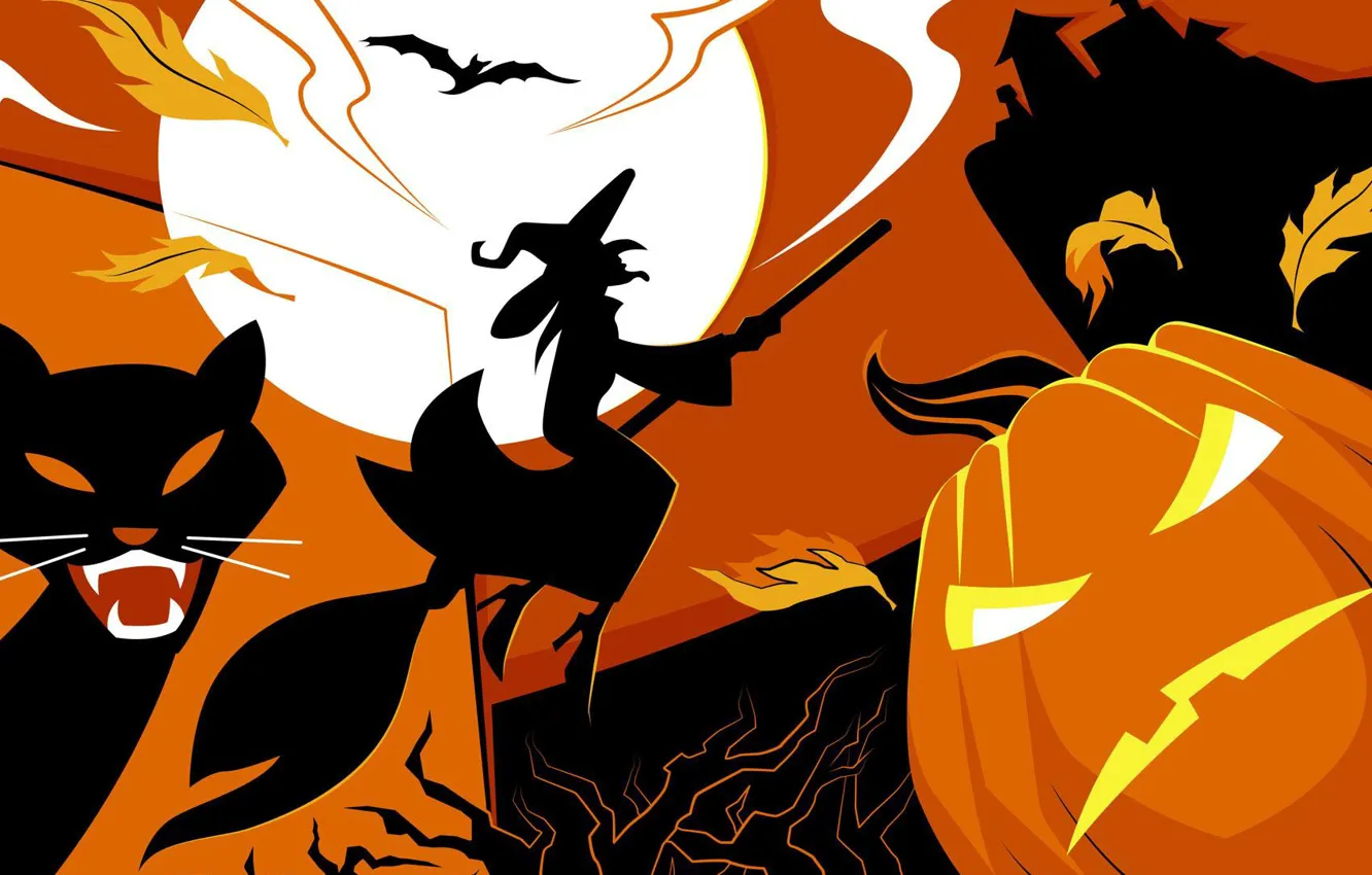 Фото обои vector, Halloween, moon, house, bat, holiday, pumpkin, witch