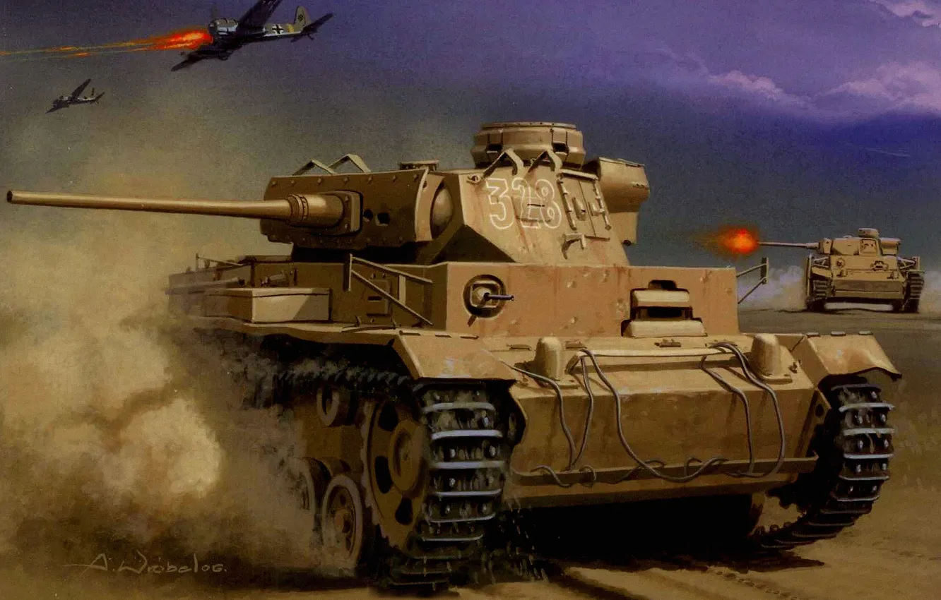 Фото обои war, art, tank, ww2, panzer 3, africa korps, geman tank