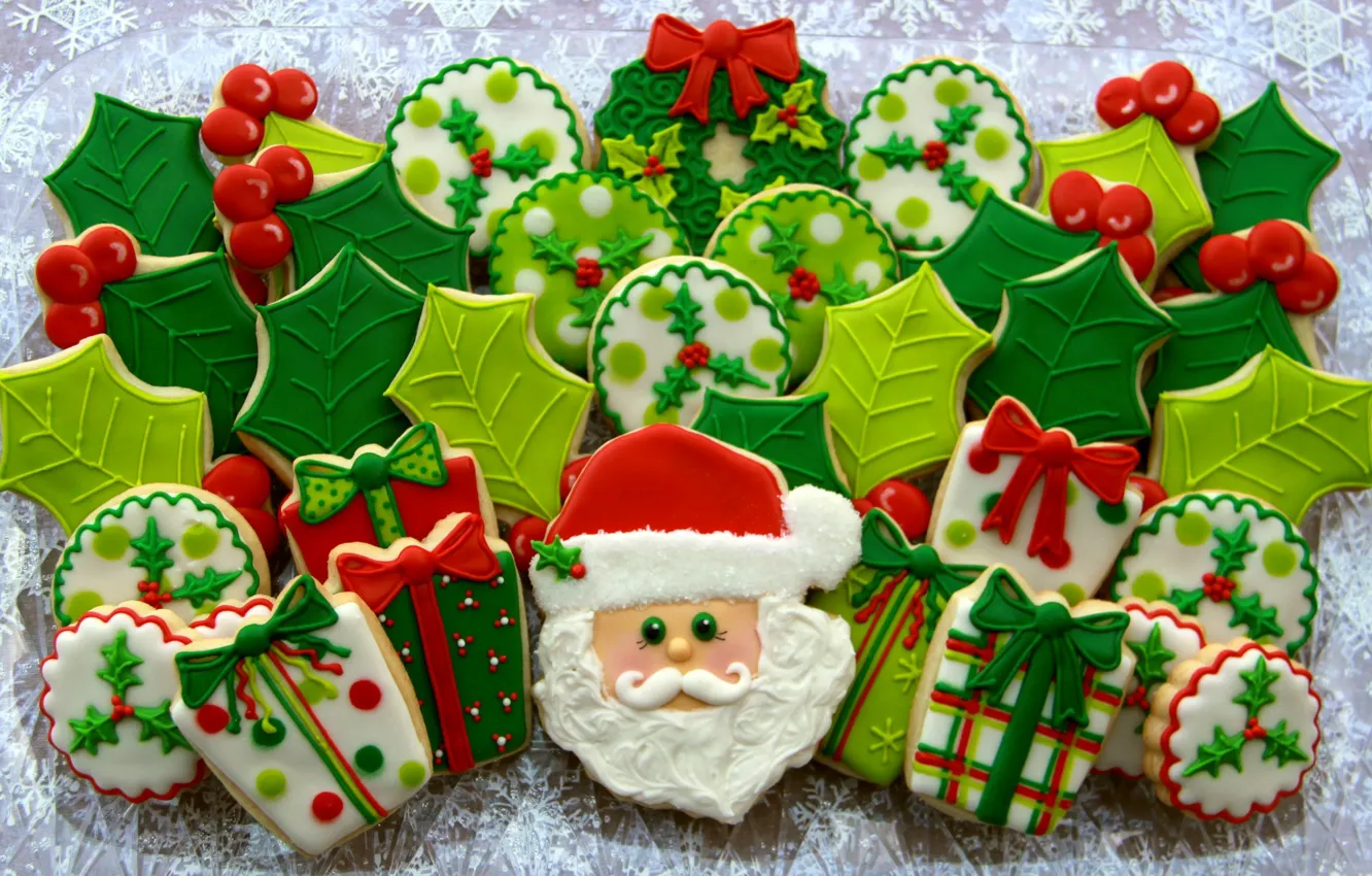 Фото обои снежинки, печенье, глазурь, Санта-Клаус