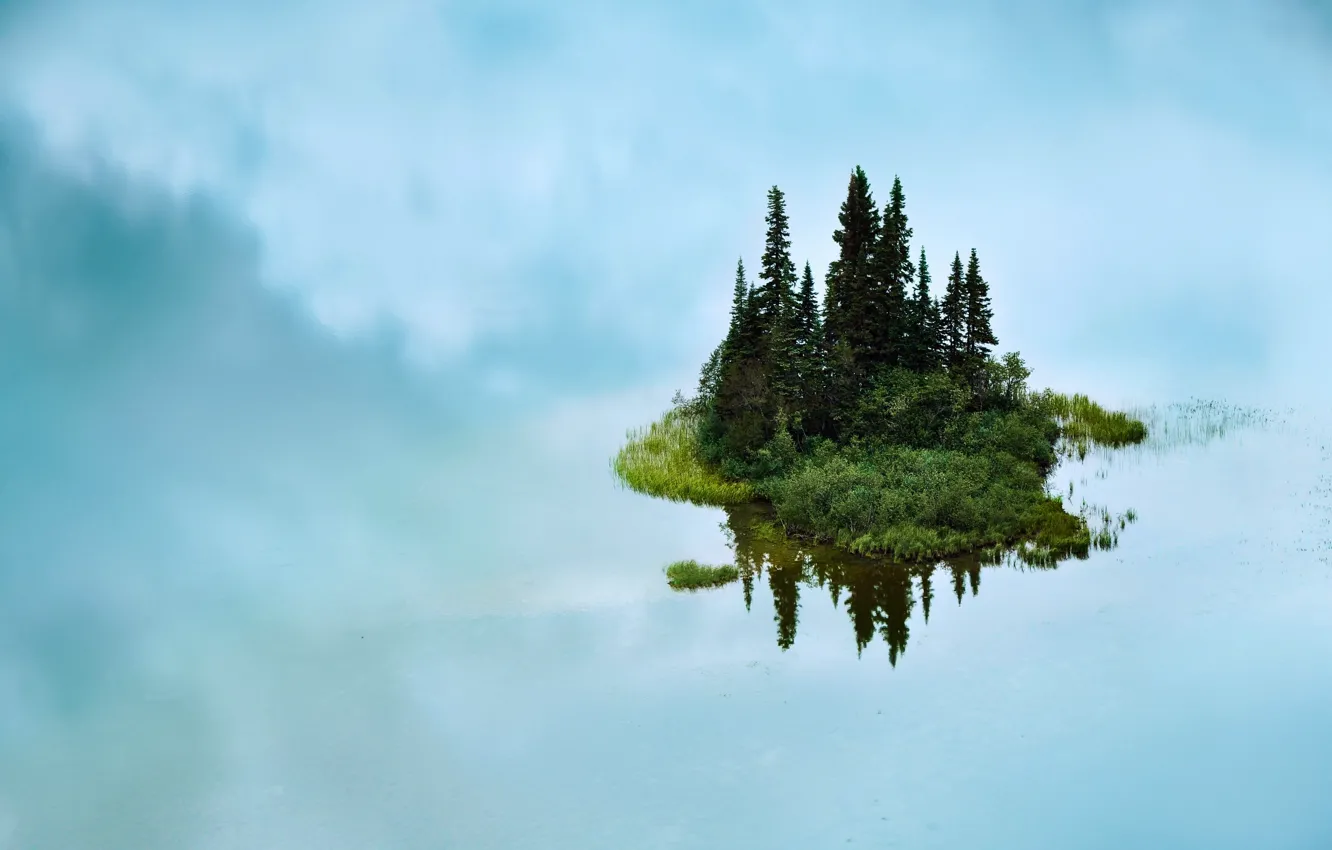 Фото обои облака, природа, туман, озеро, отражение, остров