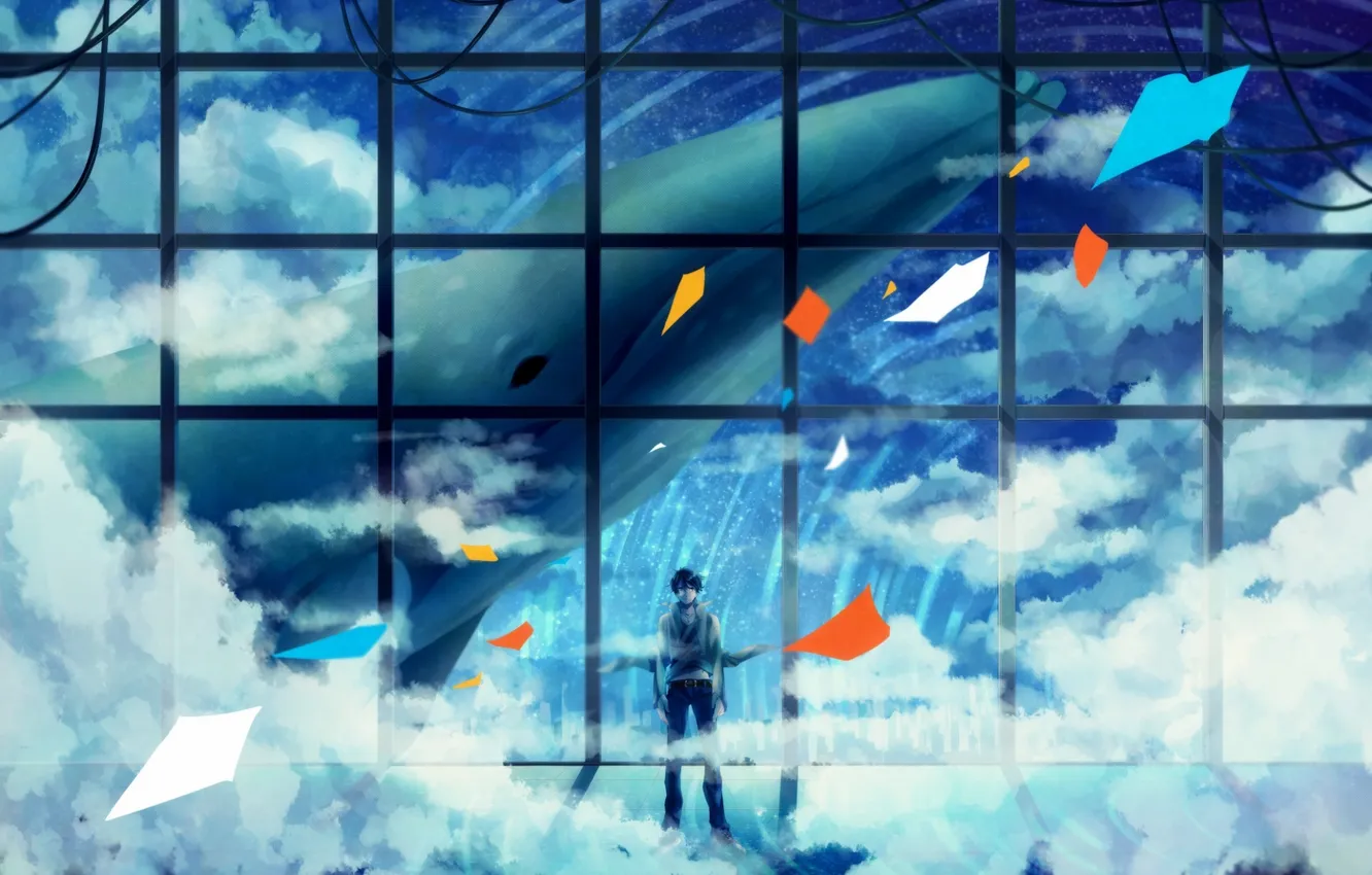 Фото обои небо, облака, провода, аниме, арт, кит, парень, xxxka66
