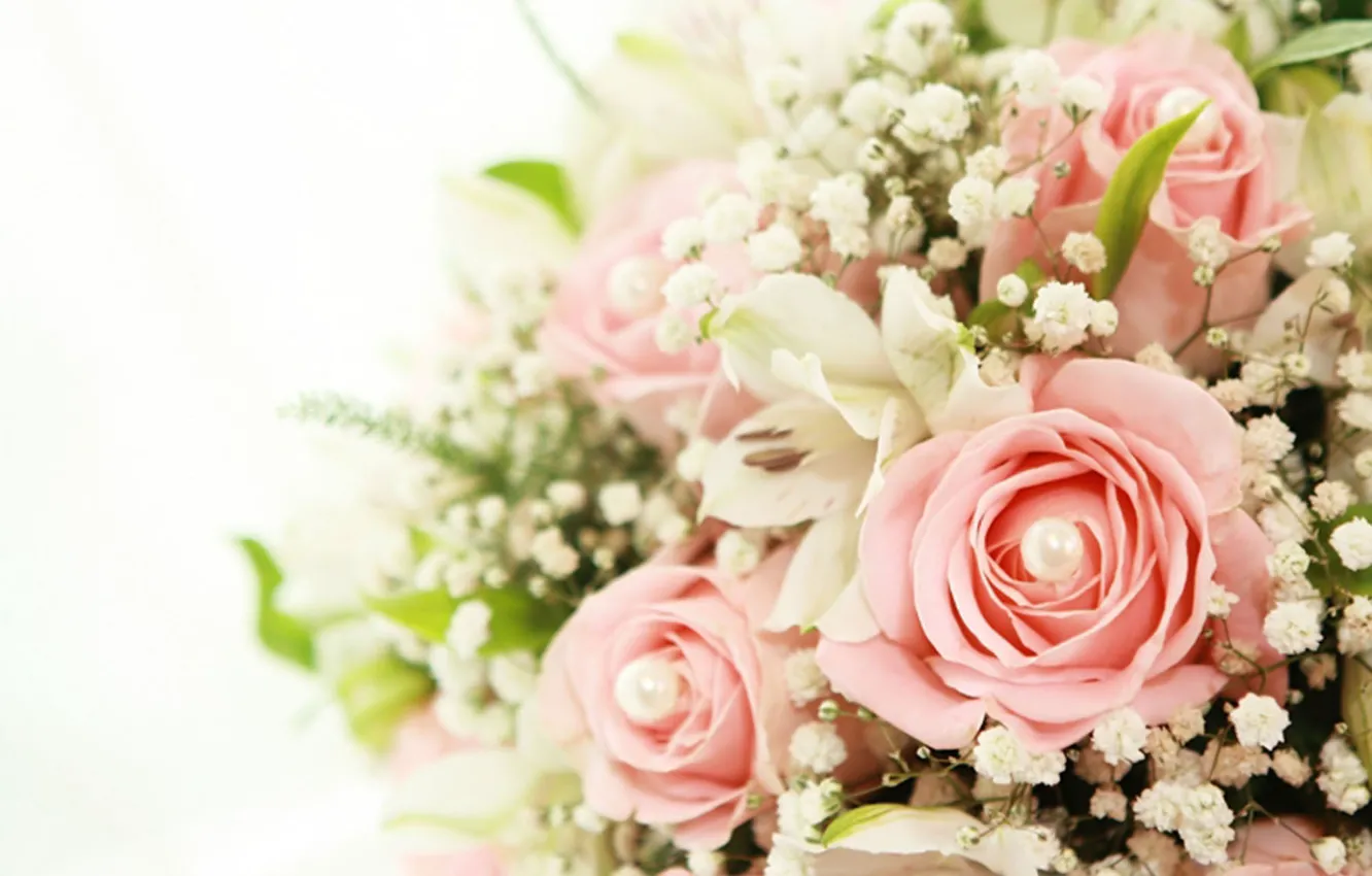 Фото обои лилии, розы, Цветы, букет, бусинки, розовые розы, белые лилии