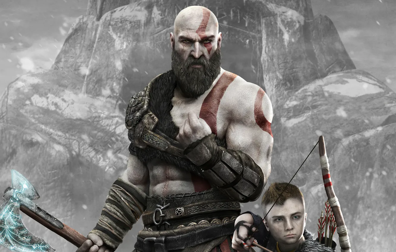 Фото обои мужик, мальчик, Kratos, God of War, 2018