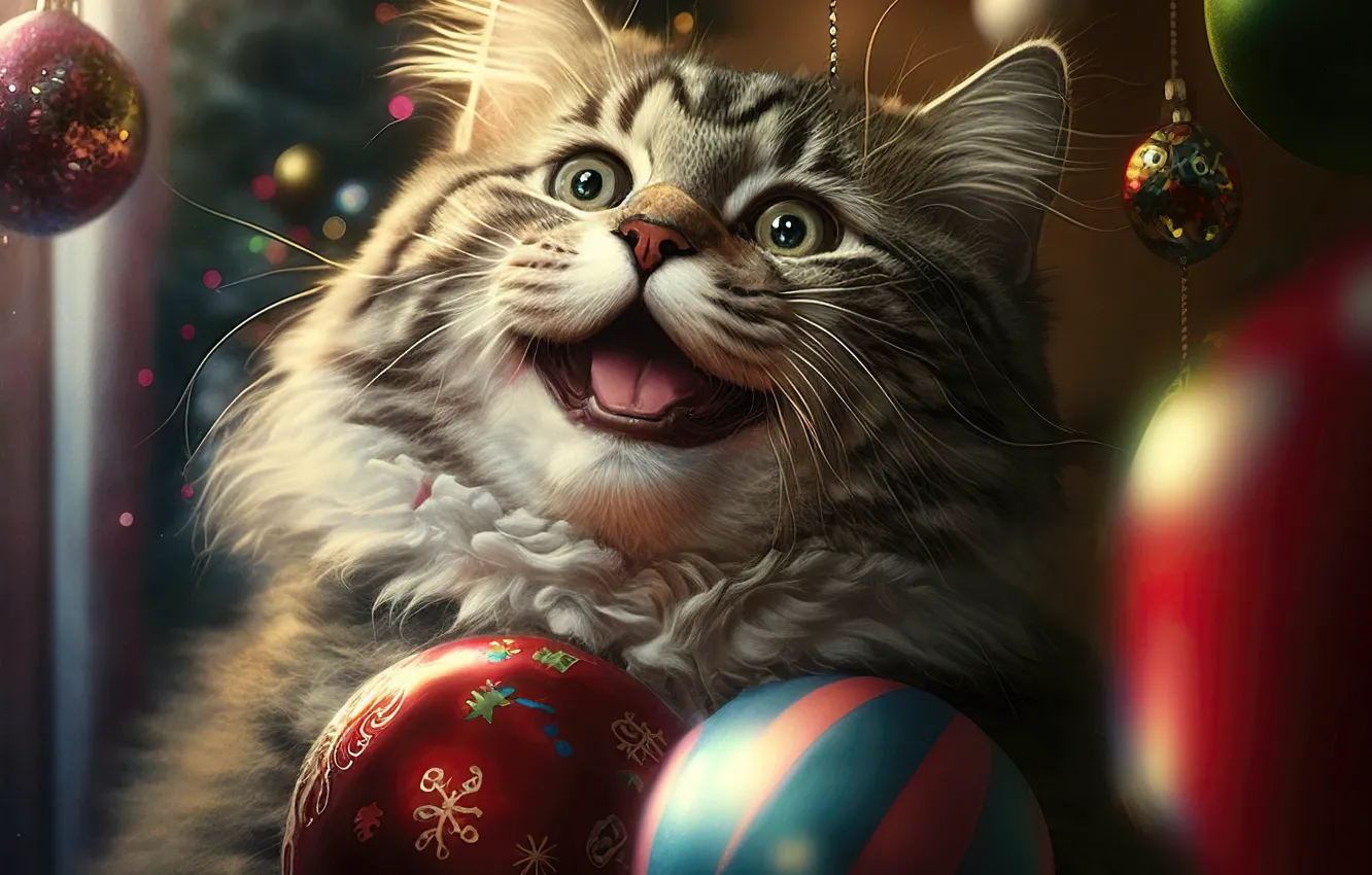 Фото обои язык, кошка, кот, взгляд, шарики, котенок, Рождество, Новый год