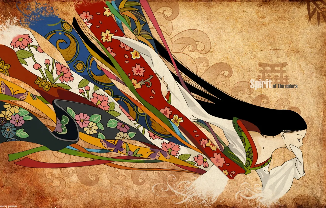 Фото обои цветы, ленты, узор, Япония, ткань, кимоно, длинные волосы, закрытые глаза