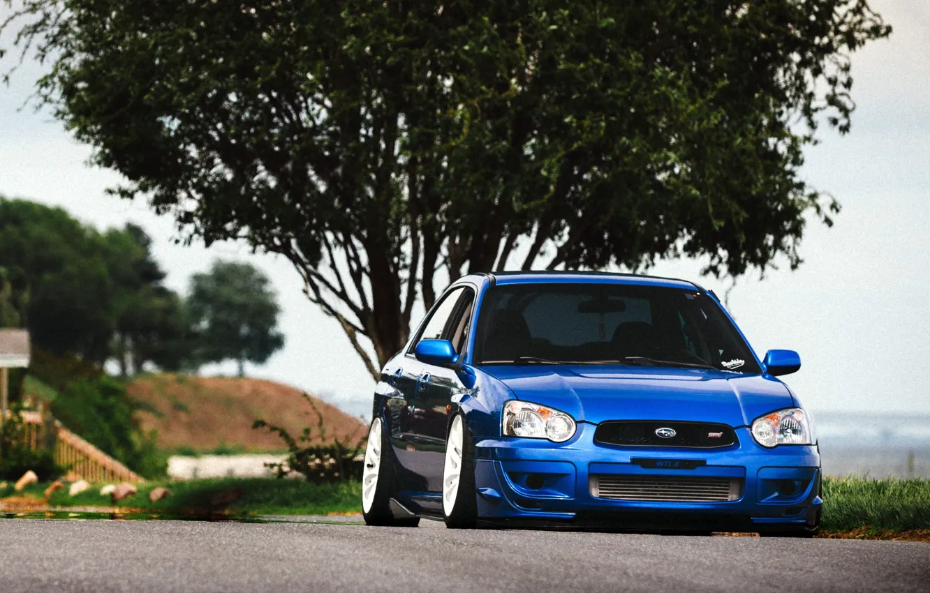 Фото обои Subaru, STI, blue, impreza, front, субару, импреза