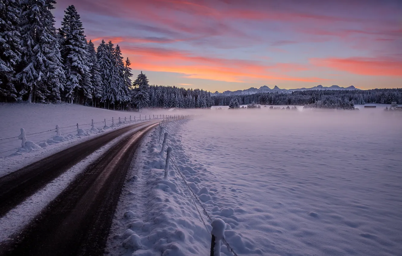 Фото обои дорога, снег, закат
