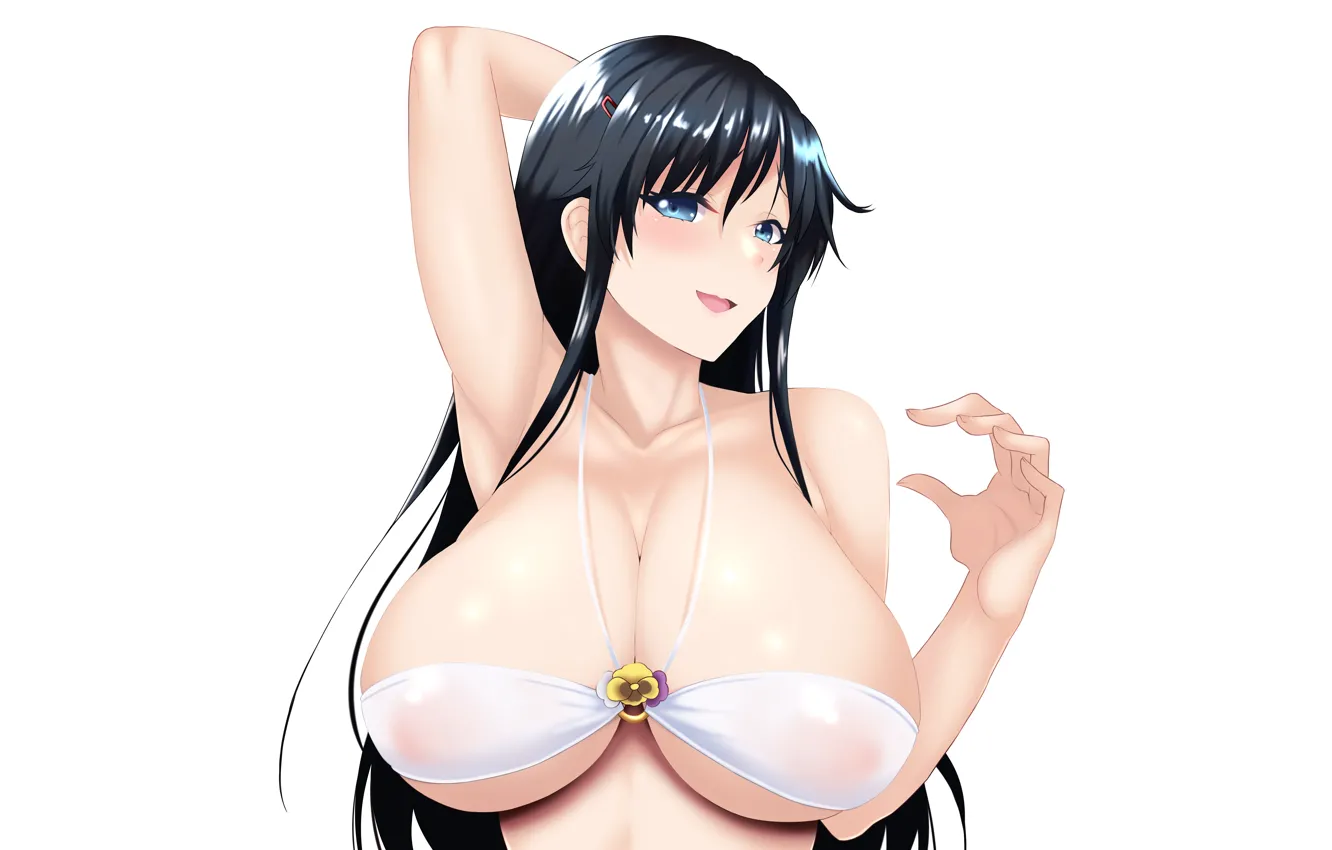 Фото обои girl, sexy, cleavage, long hair, boobs, anime, blue eyes, beautiful
