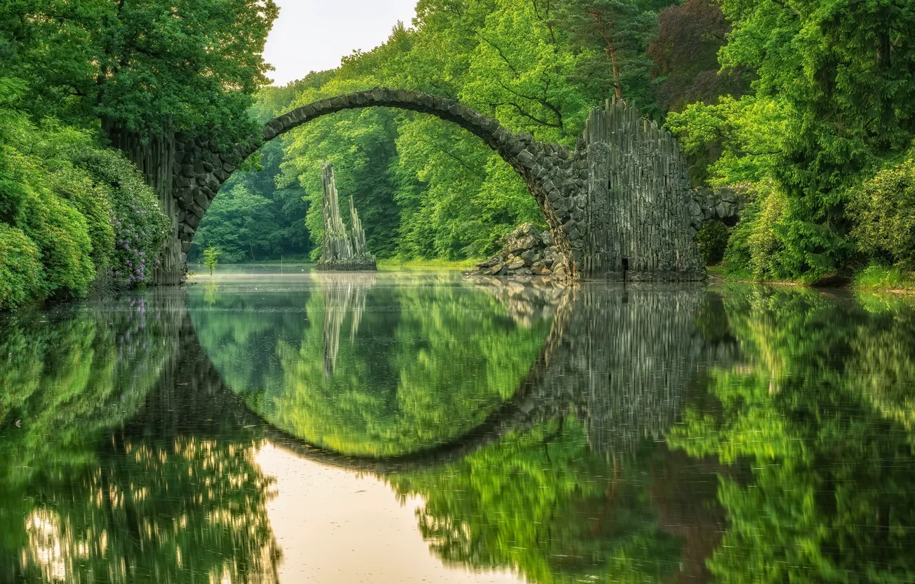 Фото обои мост, озеро, отражение, Германия, Germany, Саксония, Saxony, Rakotzbrücke