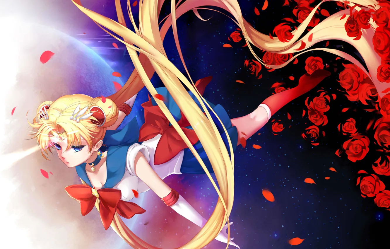 Фото обои взгляд, девушка, цветы, магия, планета, лепестки, art, bishoujo senshi sailor moon