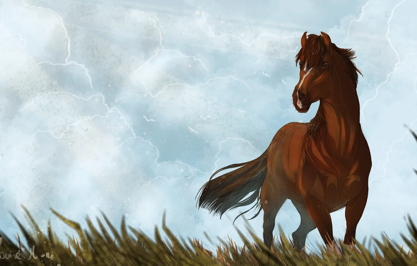 Фото обои небо, трава, животное, лошадь, арт, грива, хвост, живопись