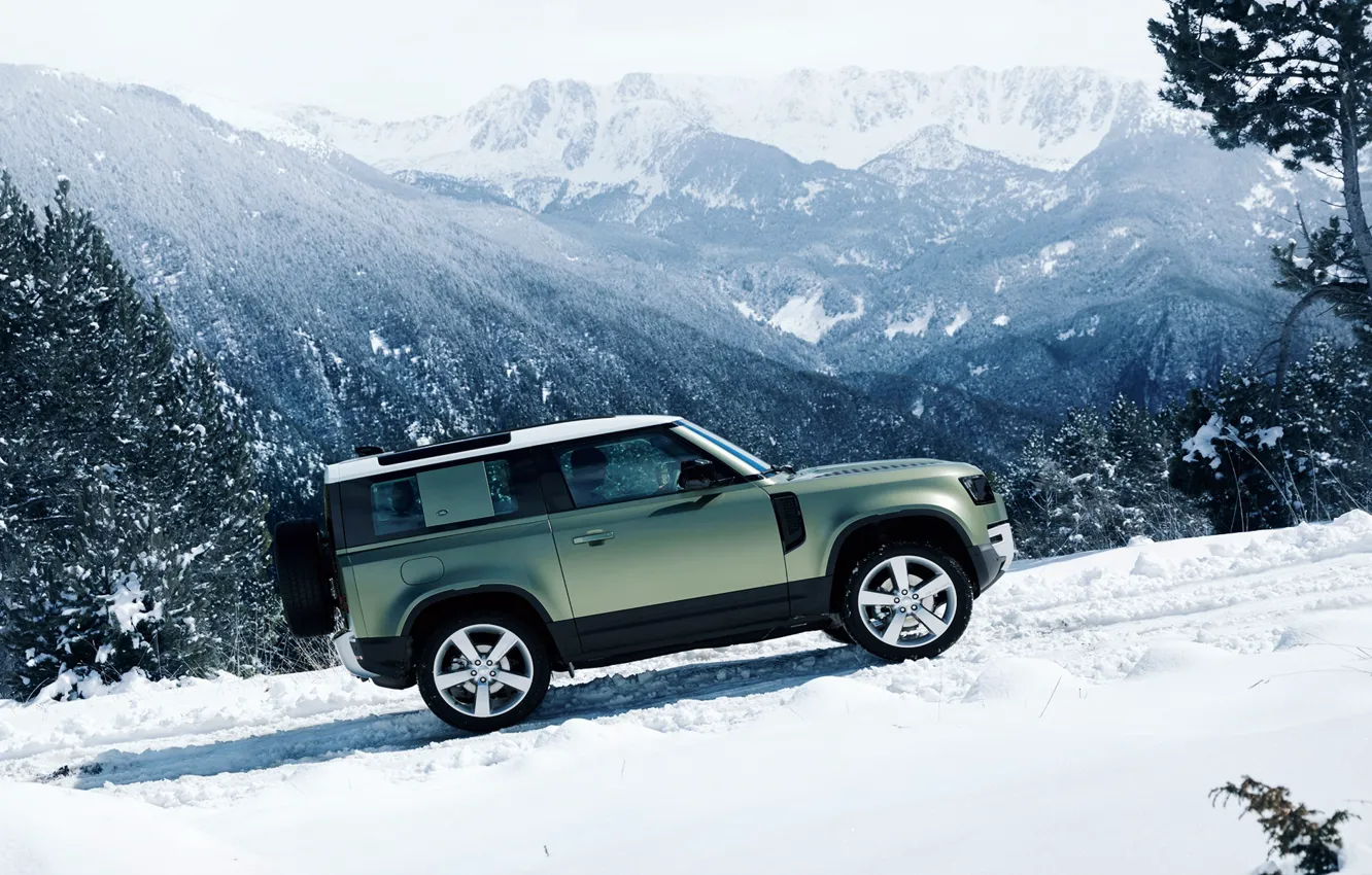 Фото обои Land Rover, snow, 4x4, new, Defender, suv, 2020, montains