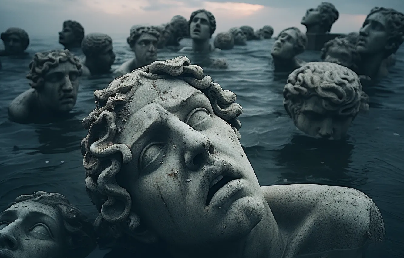 Фото обои Вода, Облака, Скульптура, Мужчины, Цифровое искусство, ИИ-арт, Искусство искусственного интеллекта, Нейросеть