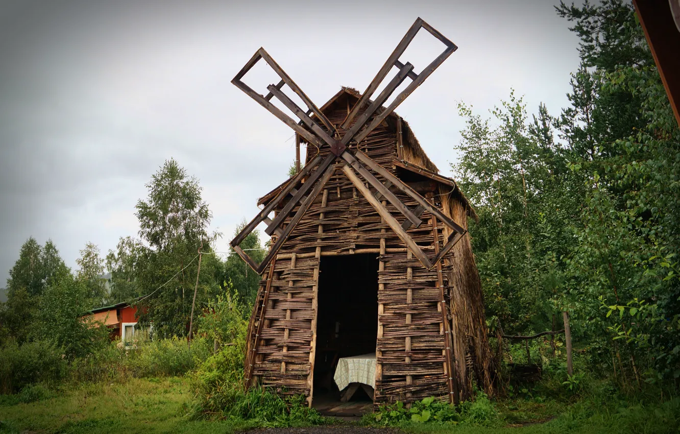 Фото обои Зелень, Природа, Дерево, Мельница, Доски, Красиво, Русь