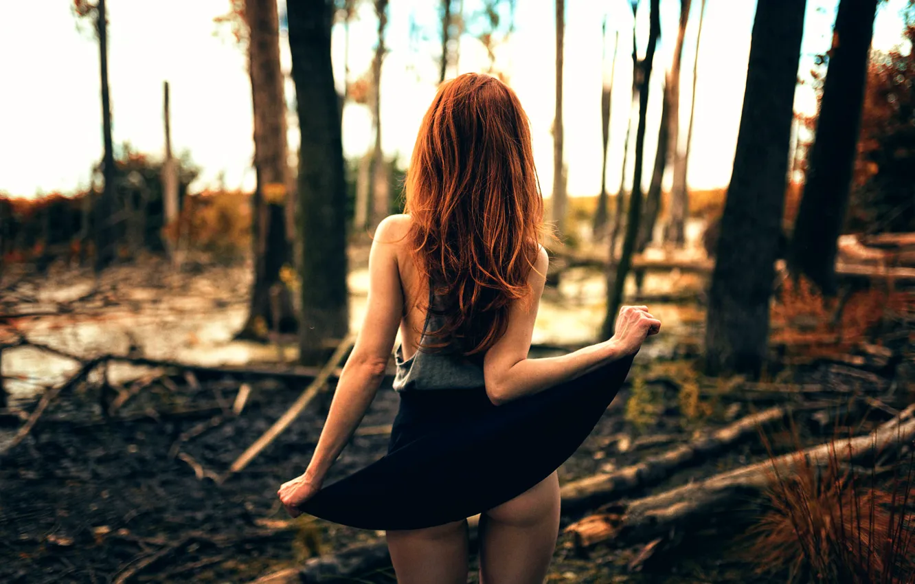 Фото обои лес, девушка, ножки, юбочка, Backside, Miro Hofmann
