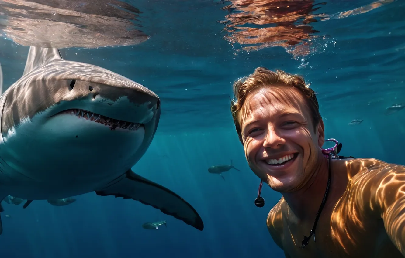 Фото обои underwater, shark, guy, AI art