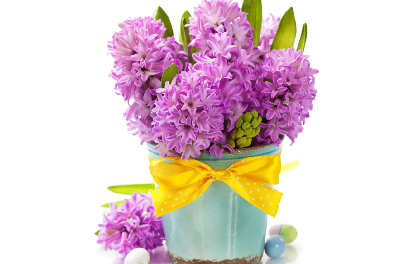 Фото обои фон, яйца, ваза, праздник пасха, цветы гиацинты
