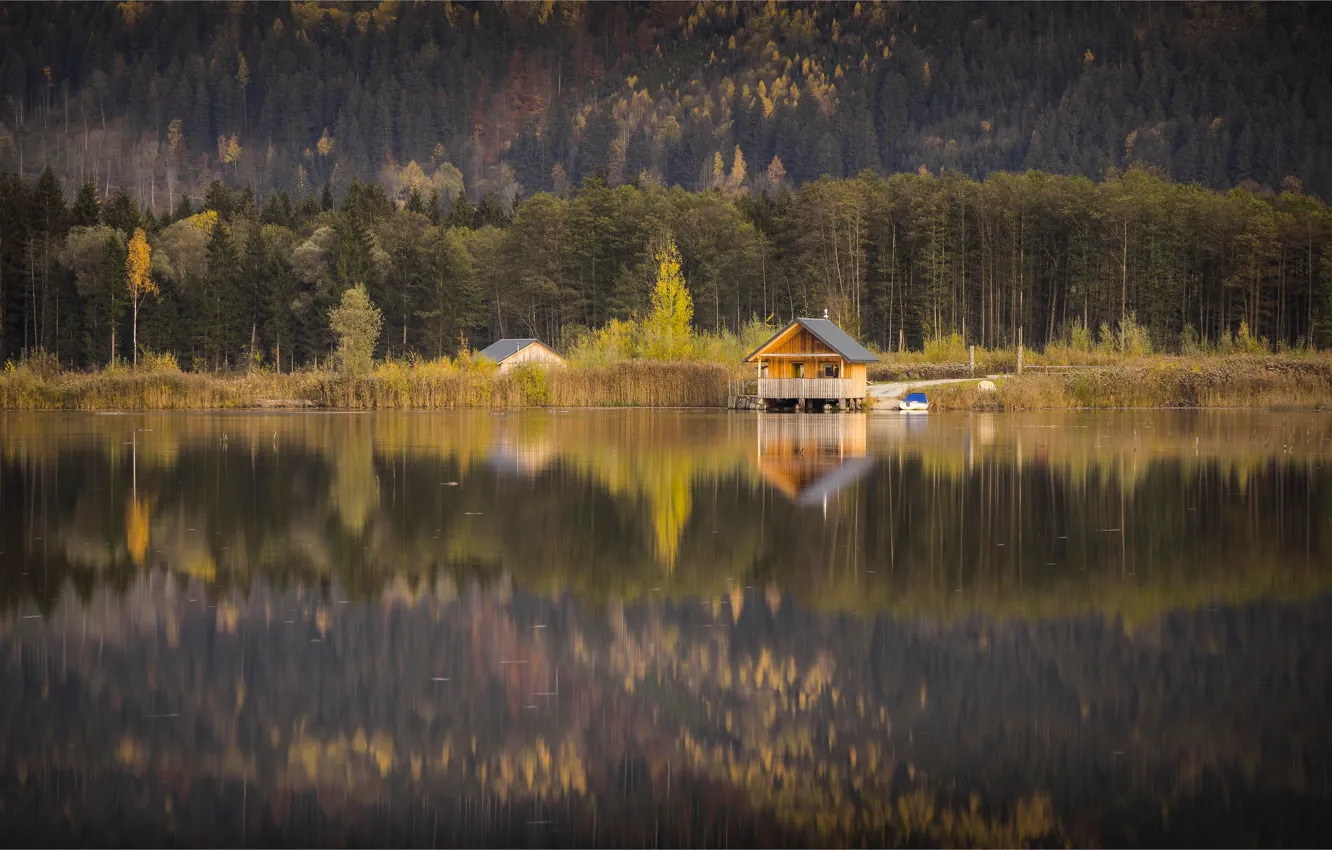 Фото обои осень, лес, вода, горы, природа, уют, озеро, отражение