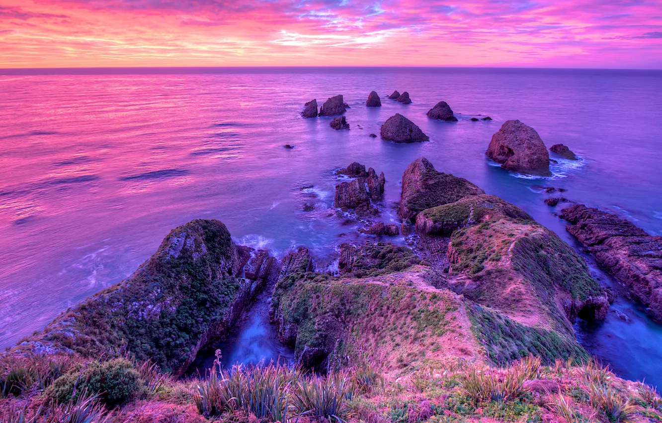 Фото обои море, закат, камни, скалы, горизонт, сиреневый цвет