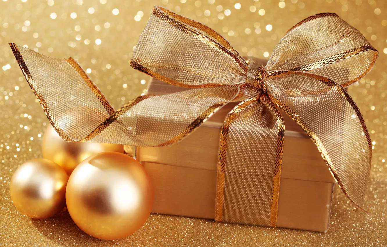 Фото обои шарики, золото, праздник, коробка, подарок, шары, новый год, рождество