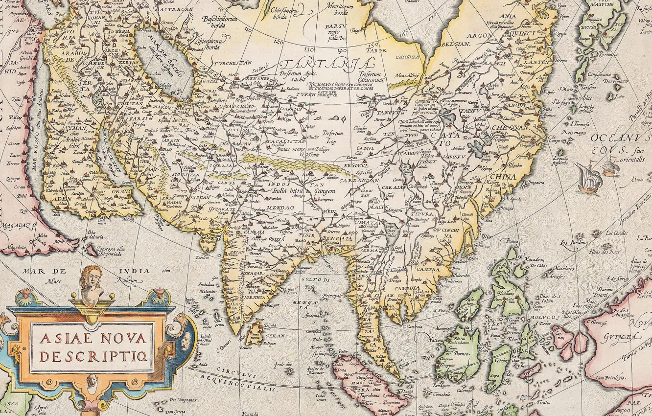 Фото обои Азия, атлас, old maps, старые карты, Abraham Ortelius, Theatrum Orbis Terrarum, Antwerpen 1574–1612, Asia Nova …