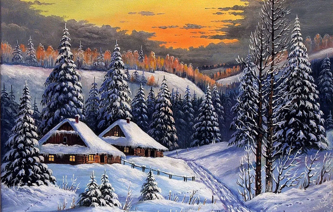 Фото обои зима, дорога, лес, небо, снег, дома